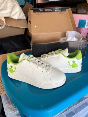 adidas Kids White Sneakers with Bright Green Accents
